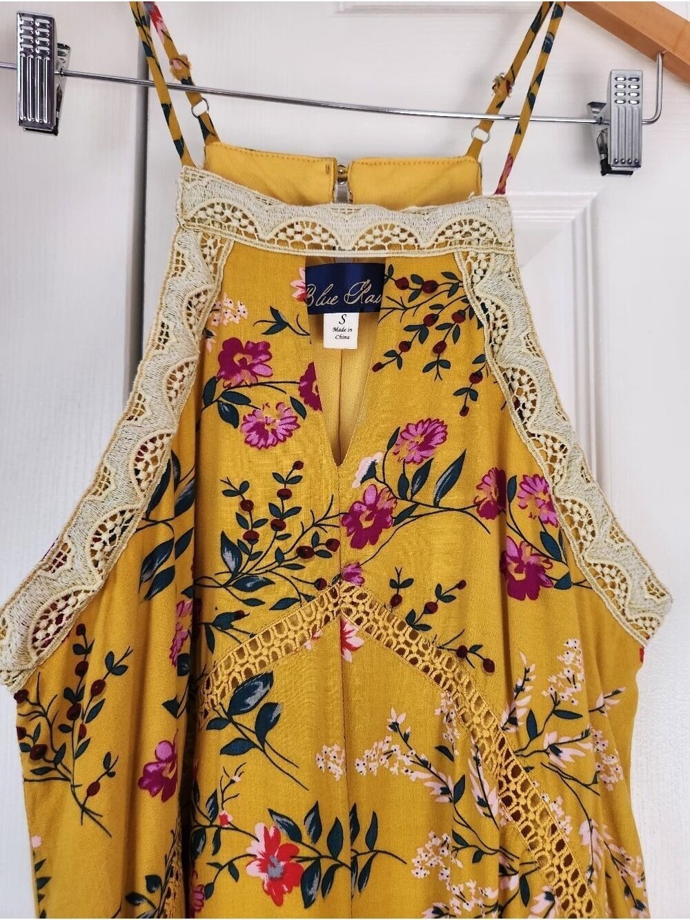 Blue Rain Floral Print Dress Small Yellow Lace Trim Sleeveless Summer Boho - Picture 5 of 16